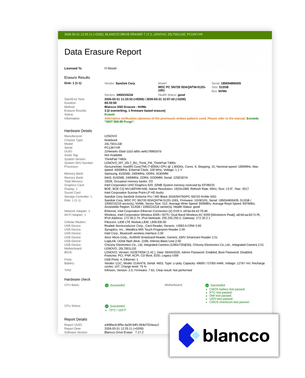 Eliminación de datos conforme a las normas de la BSI en IT-RESELL: destrucción de datos empresariales a prueba de auditorías con certificado de Blancco, de acuerdo con el RGPD y las normas NIS2